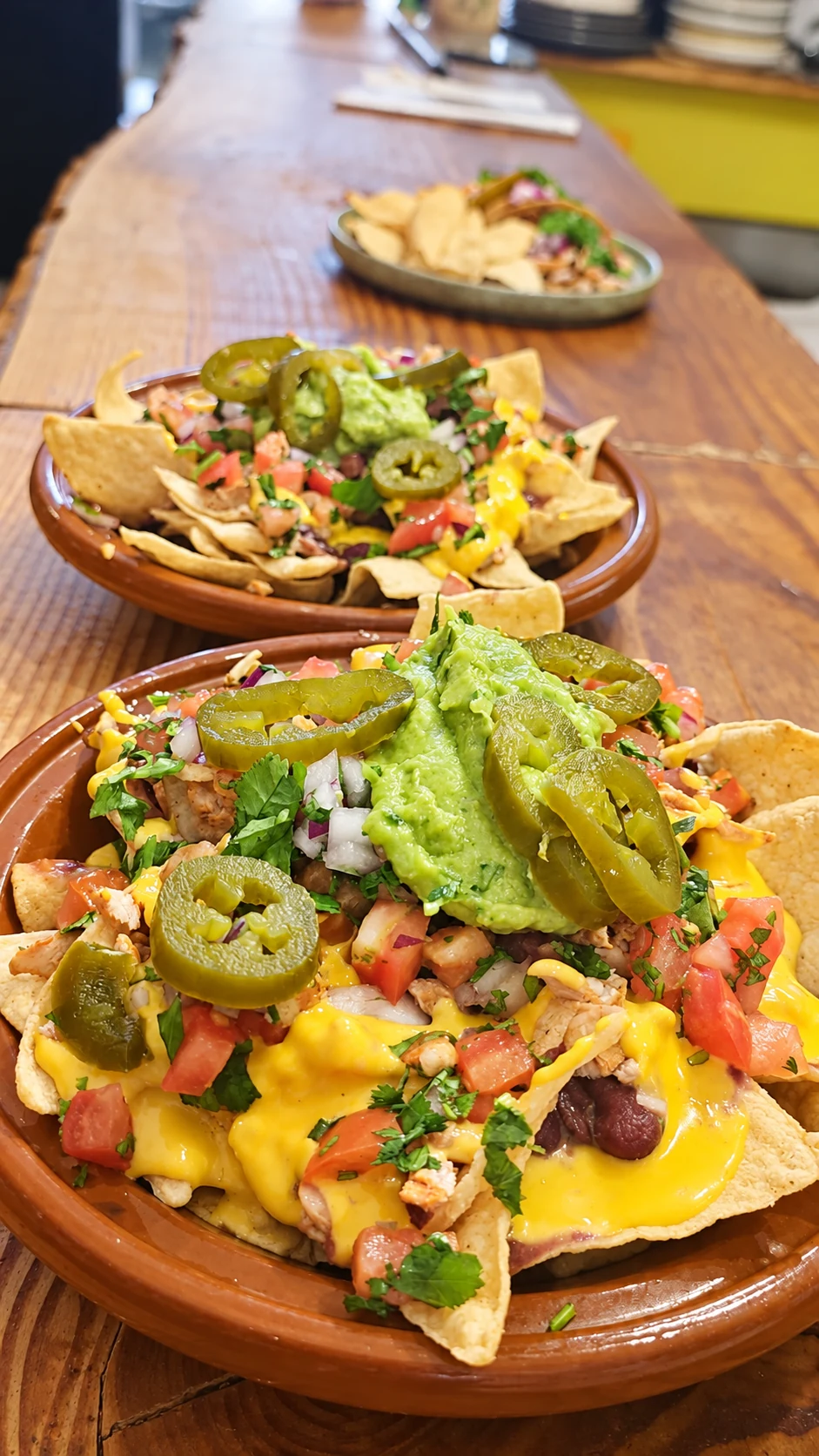 Nachos garnis de guacamole et de jalapeños