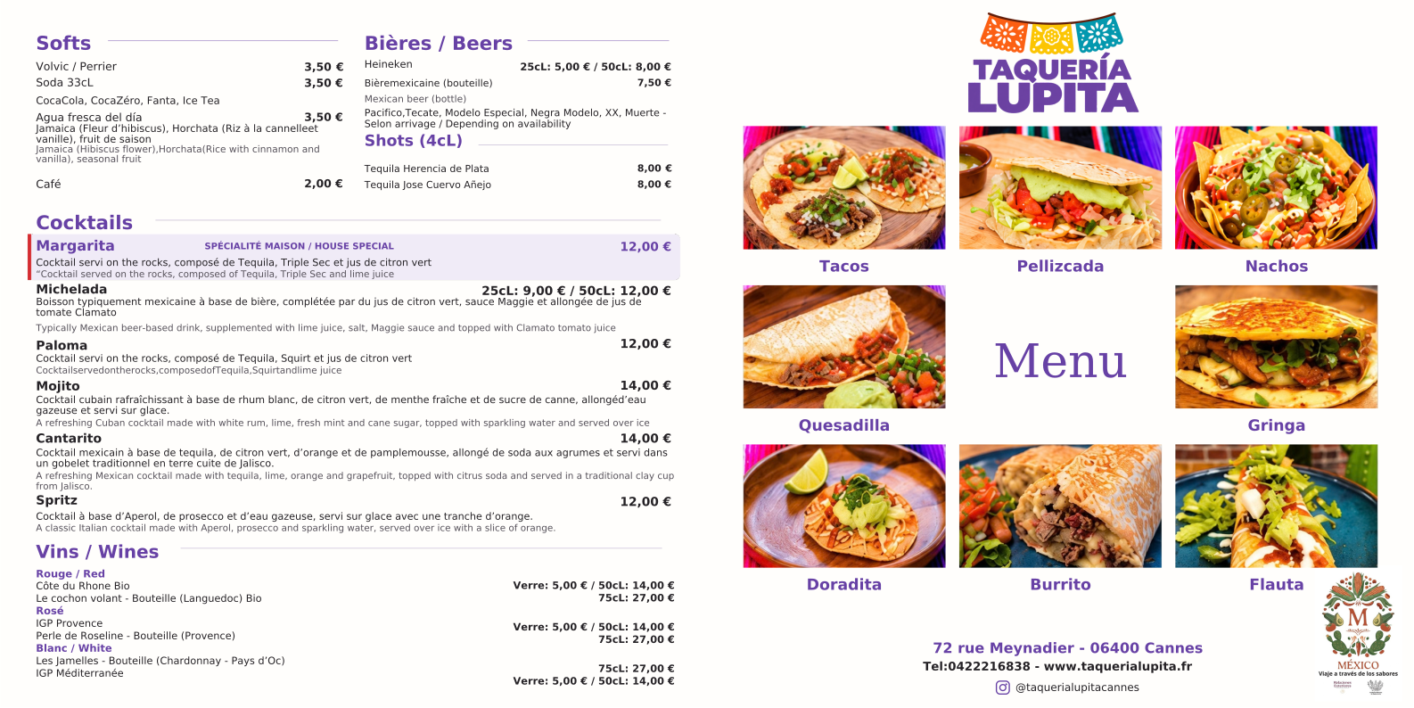 Dernier menu Taquería Lupita en français et anglais