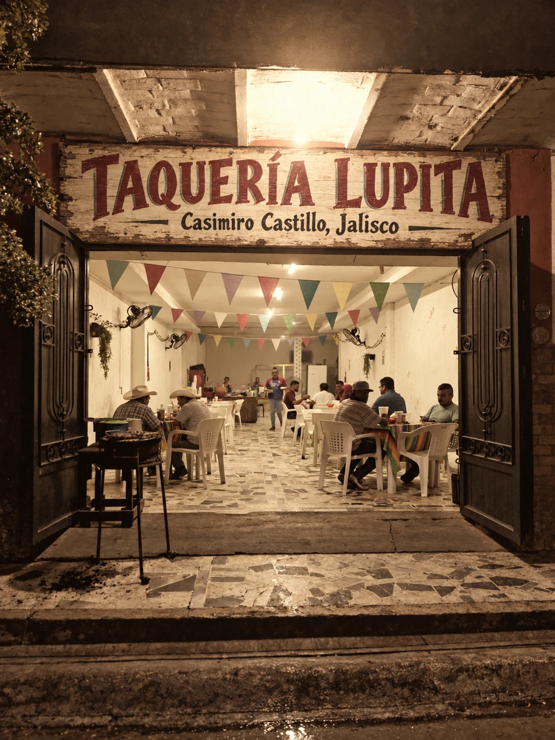 Interprétation en sépia de la taquería familiale, avec une enseigne peinte et des clients portant un chapeau texan